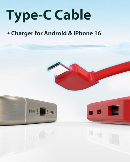 miisso 6000mah Ultra Slim Built in Cables Power Bank, Card Size Built in USB C Cords Battery Pack Portable Charger for Phones, 3 Output External Battery Pack Compatible with iPhone, Red