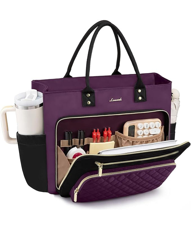 LOVEVOOK Teacher Tote Bag for Women Work, Laptop Bag Work Tote Bag Nurse Bags With Large Cup Holder, Professional Computer Briefcase Business Large Purses Handbag, Diaper Bag Mother Gift, Black-Purple