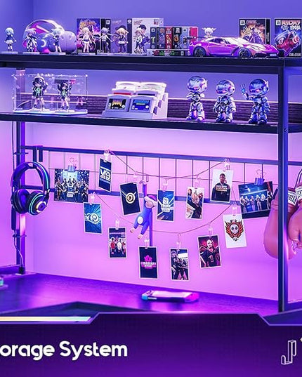 AODK L Shaped Gaming Desk with 4 Drawers, 59" Reversible Computer Desk with Hutch and Shelves, Gamer Desk with LED Lights, Power Outlets, Home Office Corner Desk with Gird Pegboard, Black
