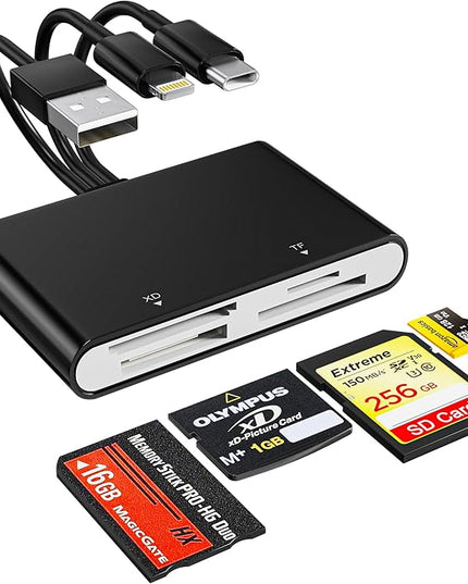 Memory Stick Pro Duo Adapter - 4-in-1 Lightning/USB-C/USB-A Multi Memory Card Reader for SD/Micro SD/MS/xD-Picture-Card, Sony Cybershot Memory Stick Pro Duo Adapter for iPhone/Android/PC