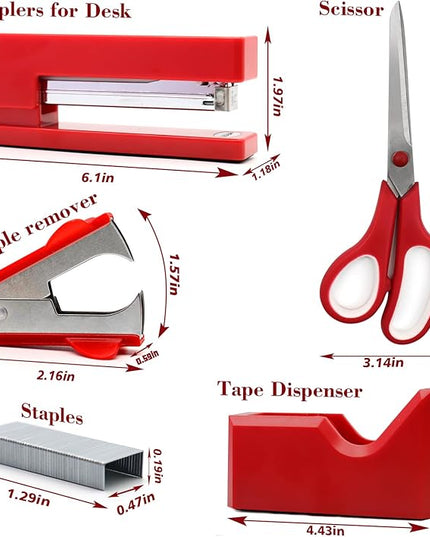 Red Office Supplies,UPIHO Red Desk Accessories,Stapler and Tape Dispenser Set for Women with Stapler,Tape Dispenser,Staple Remover,Staples,Push Pins,Scissor and Pocket Notebook,Gift for Office Clerks