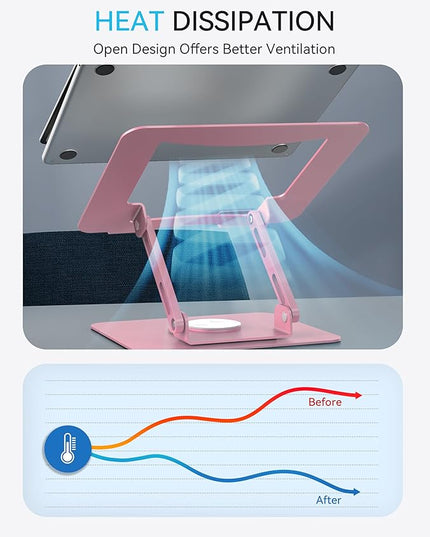 SOUNDANCE Laptop Stand with 360° Rotating Base, Ergonomic Computer Riser for Desk, Adjutable Height Muti-Angle, Foldable Laptop Mount, Stable Metal Holder Support 10-15.6" Notebook PC, Pink