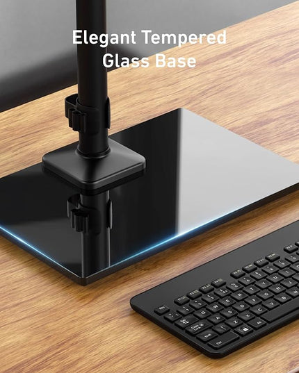 HUANUO Freestanding Dual Monitor Stand, 32 Inch Dual Monitor Mount for 2 Screens, Holds up to 19.8 lbs per Arm, Gaming Monitor Arm Riser with Tempered-Glass Base, Tilt, Swivel, Rotation, Black