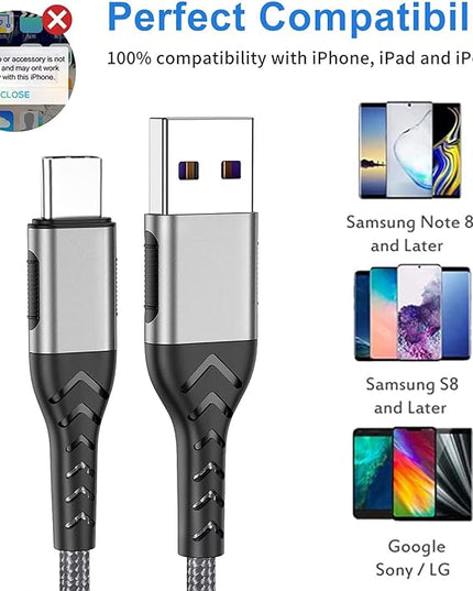 Durcord USB C Charger Cable, 2Pack 6ft Fast Charging 6Ft USB Type C Cord Cable, 6 Foot Type C Charger Premium Nylon Braided USB Cable Compatible with iPhone 15 Pro/Plust/Max-Silver