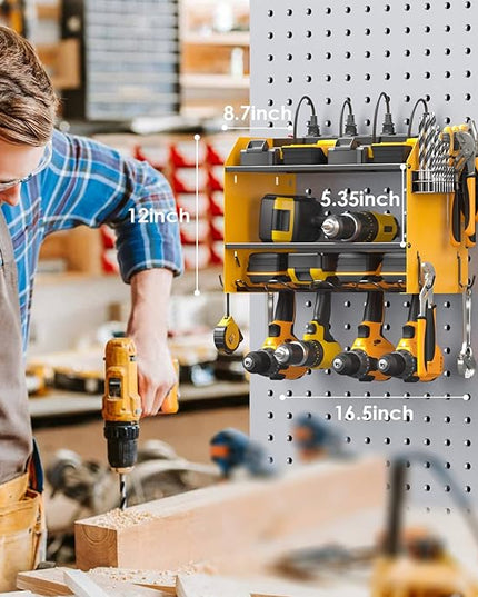 CCCEI Modular Power Tool Organizer Wall Mount with Charging Station. Garage Drill Storage Shelf with Hooks, Heavy Duty Rack, Tool Battery Holder Built in 8 Outlet. Gift for Men. Yellow, 1 Pack.