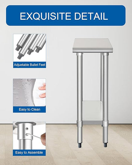 HARDURA Stainless Steel Table 24X12 Inches with Undershelf and Galvanized Legs NSF Heavy Duty Commercial Prep Work Table for Restaurant Kitchen Home and Hotel