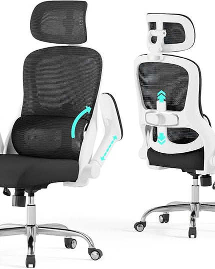 Ergonomic Office Chair - Computer Desk Chair with Adjustable Lumbar Support - 400lbs Executive Desk Chair High Back with Headrest Flip-Up Arms for Long Hours, Rolling Chair (White Black)