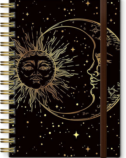 Spiral Journal Notebook, A5 Cute Notebooks for Women Men, College Ruled Hardcover Notebook for Work & Note Taking, 60 Pages Double-Wire Journals for Writing, Gold Sun Moon