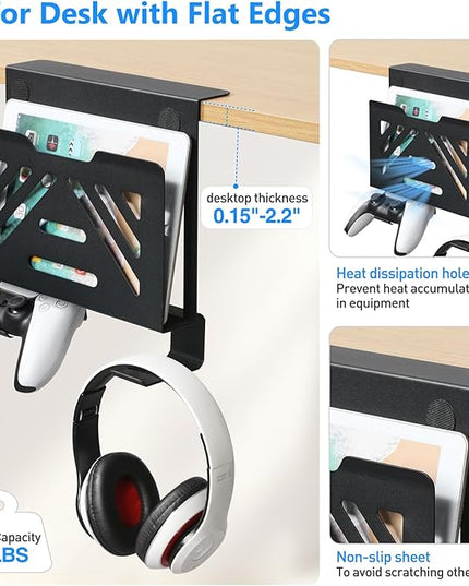 MAXECHO Desk Side Storage, Under Desk Laptop Mount, Table Side Hanging File Organizer, No Drill Clamp On Cable Management Tray, Laptop Holder with 2 Hooks for Office and Home, Load 22 Lbs