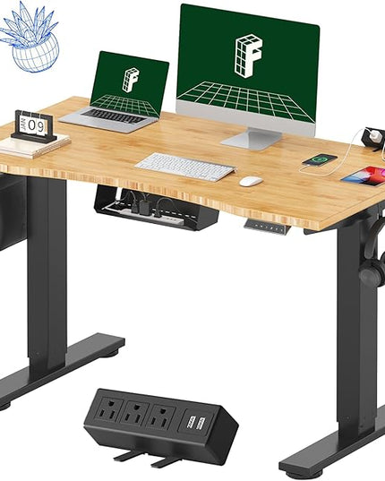 FLEXISPOT EN2 Whole-Piece Bamboo Standing Desk with Clamp Power Strip, 48 x 24'' Electric Stand Up Height Adjustable Desk with Cable Management (Black Frame + 48" Bamboo Top, 2 Packages)