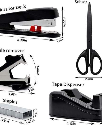 Black Office Supplies,UPIHO Black Desk Accessories,Stapler and Tape Dispenser Set for with Large Stapler,Tape Dispenser, Staple Remover, Staples, Clips,Scissor and Tabs,Gifts for Office Clerks