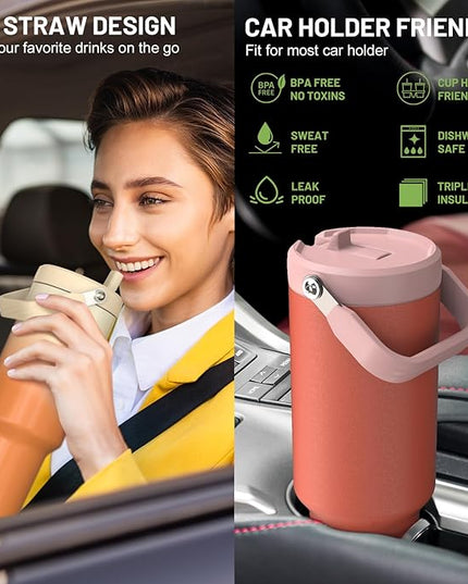 50 oz Insulated Water Bottle, Stainless Steel Water Bottles with Flip Straw and Top Handle, Leak Proof Tumbler with Lid and Straw, Fits in Cup Holder, Vacuum Insulated Cup for Home, Outdoors