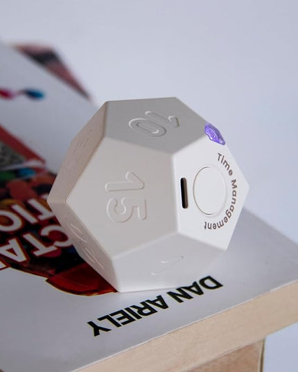 Mini 12 Sided Cube Timer, 11 Preset Times Pomodoro Timer for Enhanced Productivity. Ideal for ADHD Management, Workout, Study & Kitchen Cooking. Easy to Use（White）