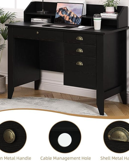 4 EVER WINNER Black Desk with Drawers, Small Desk with File Drawer and Monitor Stand, Computer Desk with Storage, Writing Desk for Bedroom Home Office, Black