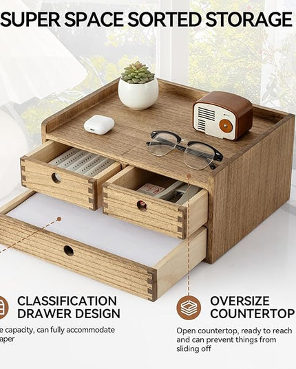 KIRIGEN Desk Organizer with Drawers - Wood Drawer Storage Box with Trays for Tabletop - Workspace Office Toiletries Supplies Tool Caddy - Wooden Storage Cabinet Dark Brown（DT2D3C-DBR）