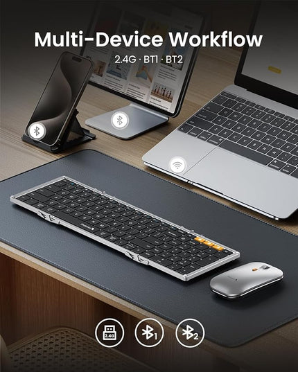ProtoArc Foldable Keyboard and Mouse, XKM01 True Full-Size Folding Wireless Keyboard Mouse for Business Travel, a Portable Office Suite On-The-Go, Compatible with Laptop iPad Tablet - Black Silver
