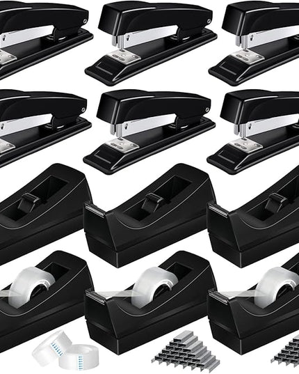 Thenshop 12 Pcs Desk Staplers Tape Dispensers Sets Black Staplers for Desktop Office with Standard Staples Black Holder with White Tape for Office School