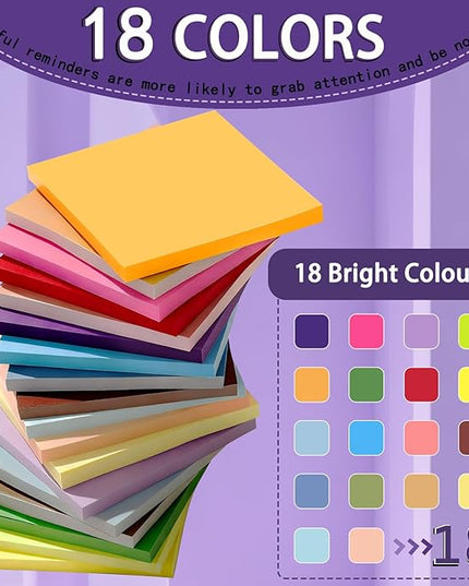 (18 Pads) Sticky Notes 3x3 inch, Self-Stick Note Pads, 18 Colorful Sticky Note for School Supplies or Office Supplies