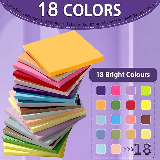 (18 Pads) Sticky Notes 3x3 inch, Self-Stick Note Pads, 18 Colorful Sticky Note for School Supplies or Office Supplies