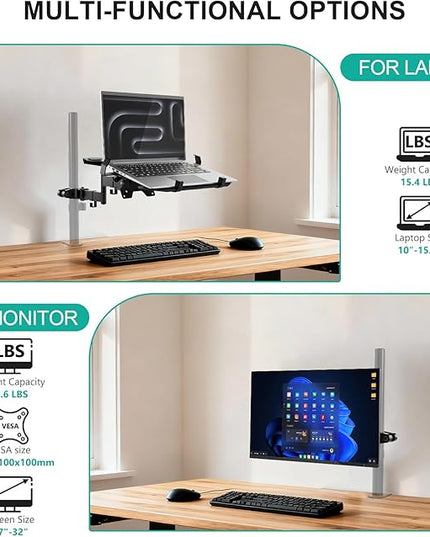 WALI Laptop Pole Mount, Adjustable Laptop Arm Holder Fits 10"-15.6" Laptops, 2-in-1 Full Motion Monitor Mount with Removable Tray, VESA 75x75 or 100x100 mm, Holds up to 15.4lbs(011ARMLPN), Black