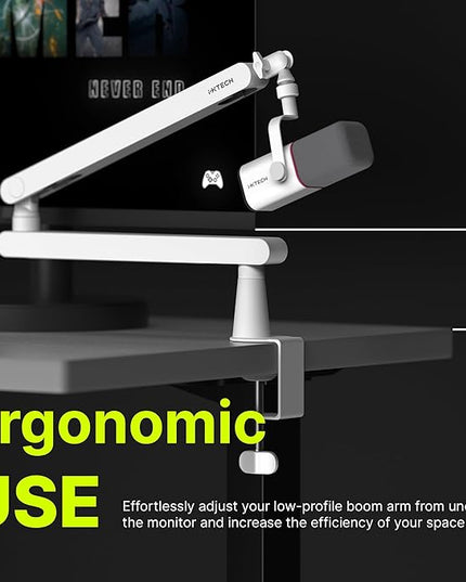IXTECH White Microphone Boom Arm Stand Low Profile Boom Arm Adjustable Mic Stand with Built In Cable Management 360° Swivel Mic Arm.