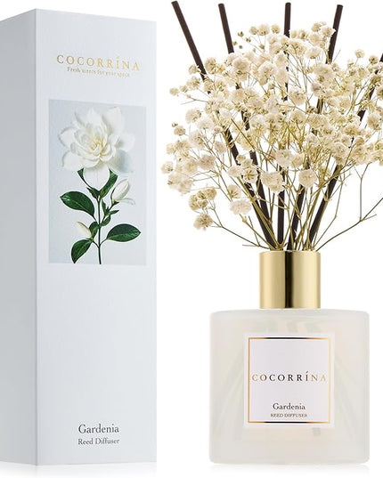 COCORRÍNA Reed Diffuser - Gardenia 6.7 Fl.oz Reed Diffuser Set with Sticks & Preserved Baby's Breath, Reed Diffuser for Home Bathroom Shelf Decor