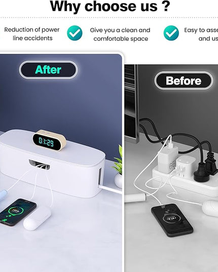 Cable Management Box - Large Cord Organizer Box to Hide Power Strip & Under Desk, TV Computer Wires Cable Organizer Box with Baby Proofs, Desk Cord Organizer for Home/Office - White