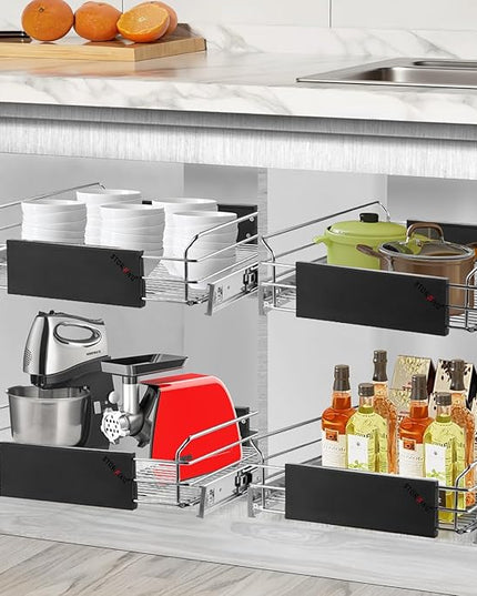 STORKING Expandable Pull Out Cabinet Organizer, Slide Out Drawers for Kitchen Cabinets, Heavy Duty Storage Drawers, Chrome Plated Cabinet Wire Shelf, Adjustable Width 12.5~20.2" W x 17.3" D