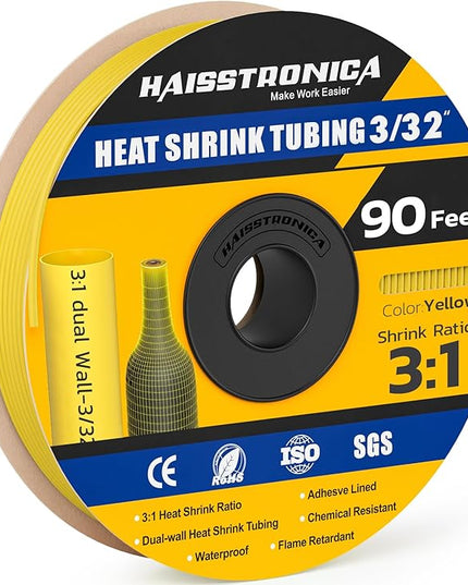 haisstronica 3:1 Heat Shrink Tubing, Shrink Ratio Adhesive Lined Marine Grade Heat Shrink Tube for Home, Automotive and Industrial (Yellow) 90FT 3/32inch