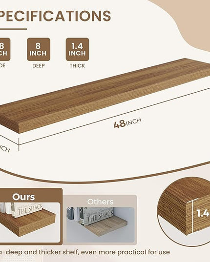 Dreamland 48 Inches Floating Shelves for Wall, 8" Deep Long Floating Shelves Set of 1, Large Display & Storage Shelf, Wall Shelf for Bathroom Bedroom Living Room Kitchen Office, Walnut