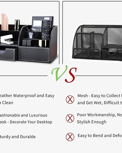 KINGFOM Pu Leather Desk Organizer Pen Pencil Holder Office Supplies Caddy Storage Box 6 Compartments with Drawer Black (Full Pu Leather)