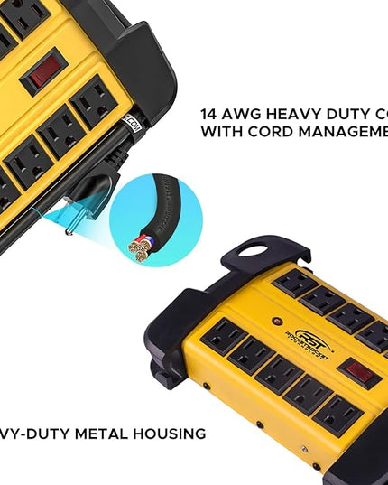 CRST Heavy Duty Surge Protector Power Strip 10-Outlet Metal Industrial Power Strip with 2800 Joules, 15A Circuit Breaker, 14 Gague 6ft Extension Cord for Workshop, Garage, Office, School…