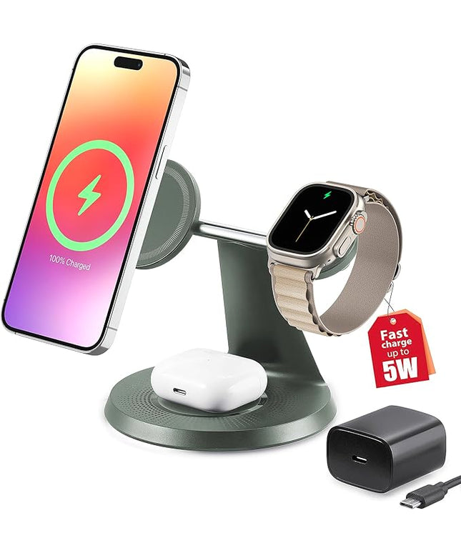 3 in 1 Wireless Charging Station for Apple Device: Fast Charging Station for iPhone and Watch with MagSafe, Stable Charger Stand for iPhone 12-16 & iWatch & AirPods