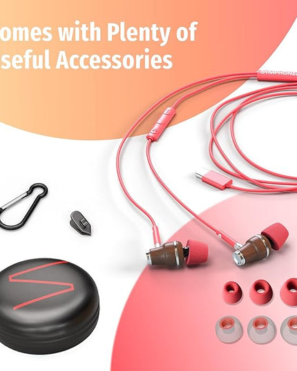 Symphonized Premium Wooden iPhone Earphones Wired (USB C) Deep Bass Sound, 3D Sound, Microphone Volume Control, 90% Noise Cancelling for Type C Devices. Earphones for iPhone 15 to 17 & Android
