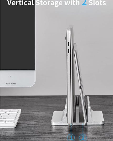 JARLINK Vertical Laptop Stand Holder, Aluminum Double Desktop Stand Holder with Adjustable Dock (Up to 17.3 inch), Compatible with MacBook, Surface, Chromebook, and Gaming Laptops, Silver