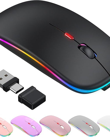 Bluetooth Wireless Mouse for MacBook Air Mac Pro iPad ,LED Rechargeable Silent Mouse with 2.4GHz USB-A/USB-C Receiver & Mouse Jiggler, Compatible with Laptop MacBook IPad Mac Tablet PC- Matte Black