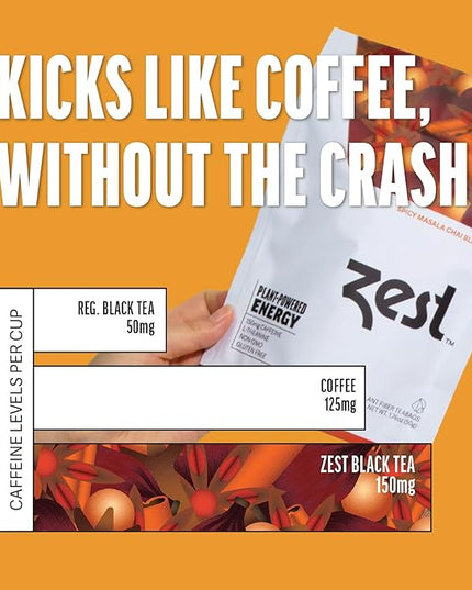Zest 150mg High Caffeine Energy Leaf Blend - Spicy Masala Chai Black Tea - 20 Pack Bag - All Natural Strong Flavored Healthy Coffee Alternative Highly Caffeinated Substitute - Perfect for Keto Diet