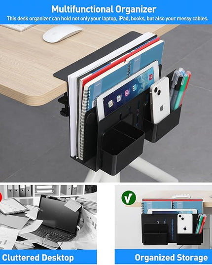 MAXECHO Desk Side Storage, Under Desk Laptop Mount, Table Side Hanging File Organizer, No Drill Clamp On Cable Management Tray, Laptop Holder with Magnetic Pen Holder for Office and Home, Load 22 Lbs