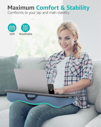 Istudyniture Lap Desk | Portable Laptop Desk & Stand – Fits Up to 17 inch – Washable Cushion, Built-in Phone Holder – for Bed, Couch, Sofa, Floor – Writing, Reading, Home Office – Large, Grayish Blue