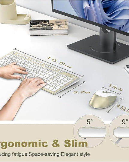 Wireless Keyboard and Mouse, USB Type C Rechargeable Slim Silent Keyboard Mouse, Compact Full-Size Keyboard with Number Pad and Cover for Windows, macOS, PC/Computer/Laptop - Gold