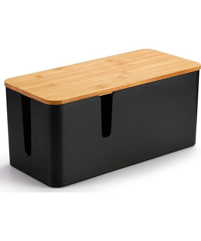 ZhiYo Bamboo Lid Cord Organizer Box, Safe ABS Cable Management Box for TV and Computer, Wood Cover Cord Hider to Hide Wires, Router, USB Hub & Under Desk Power Strip, 1 Pack L13.1 xW5.6 xH5.6 Black