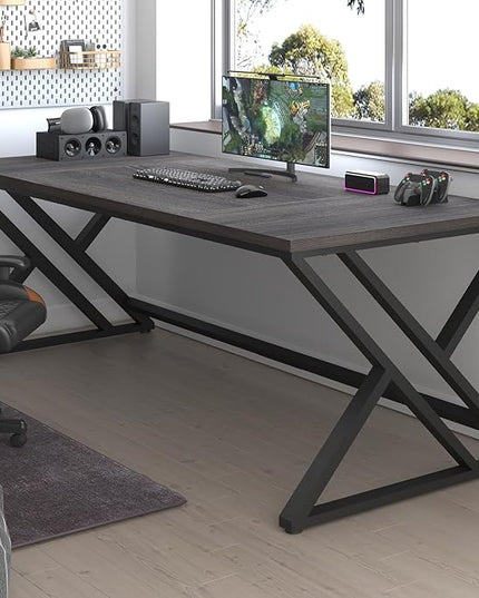 LVB 78.7 Long Executive Desk, Modern Large Computer Office Desk, Wood Metal Simple Pc Study Gaming Writing Table, Industrial Laptop Desk Workstation for Home Bedroom Living Room, Dark Gray, 78.7 Inch