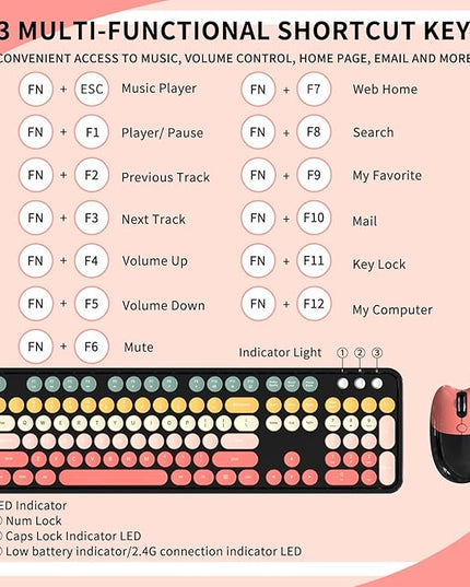 Wireless Keyboard and Mouse, MOFII 104 Round Keycaps Retro Typewriter with OTG & Brush, Full-Size Ergonomic, Ideal for Windows PC, Home, Office and College Rainbow Red