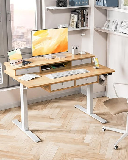 Kingant Standing Desk with Drawers & USB Charging Port, 48" x 30" Height Adjustable Home Office & Gaming Desk, Sit Stand Desk with Built-in Storage Shelf, Hook & Ergonomic Design(Maple)