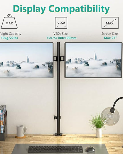WALI Extra Tall Dual LCD Monitor Fully Adjustable Desk Mount Fits 2 Screens up to 27 inch, 22 lbs. Weight Capacity per Arm (M002XL), Black