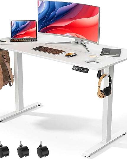 48 x 24 inch Electric Standing Desk Adjustable Height with 4 Wheels, 4 Memory Height Settings, 2 Headphone Hook, for Home Office, Splice Board White