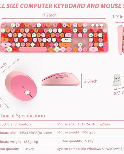 KOOTOP Cute Pink Wireless Keyboard and Mouse, 2.4G Retro Round Keycap for PC, Mac, Laptop, Tablet, Computer Windows