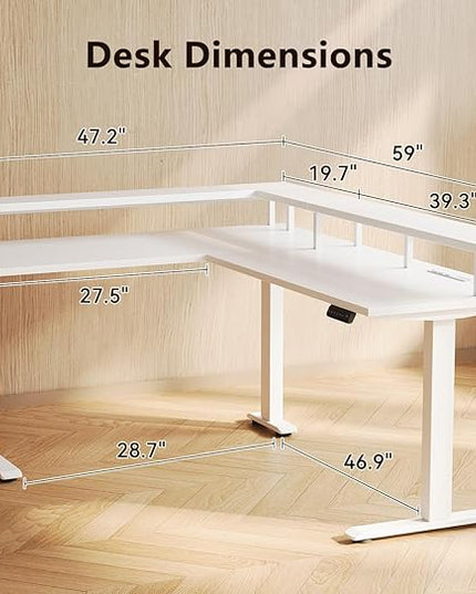AODK Electric L Shaped Standing Desk, 59 Inch Height Adjustable Stand Up Desk with Power Outlets ＆ Full Monitor Stand, Reversible Corner Desk for Home Office ＆ Computer Workstation, White