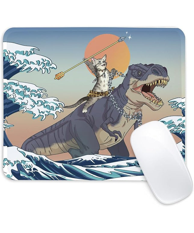 Dinosaur and Cat Square Mouse Pad,Non-Slip Rubber Base Mouse Pad,Home Office Decoration Desktop Accessory,Laptop Mouse Pad for Office Laptops,9.4x7.8x0.12inch.