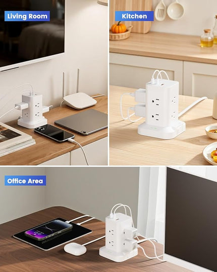 Power Strip Tower with Surge Protector 1800J, Fast Charging Tower PD20W USB-C Ports with 8 AC Outlets, 6ft Extension Cord for Home Office Dorm Room, White
